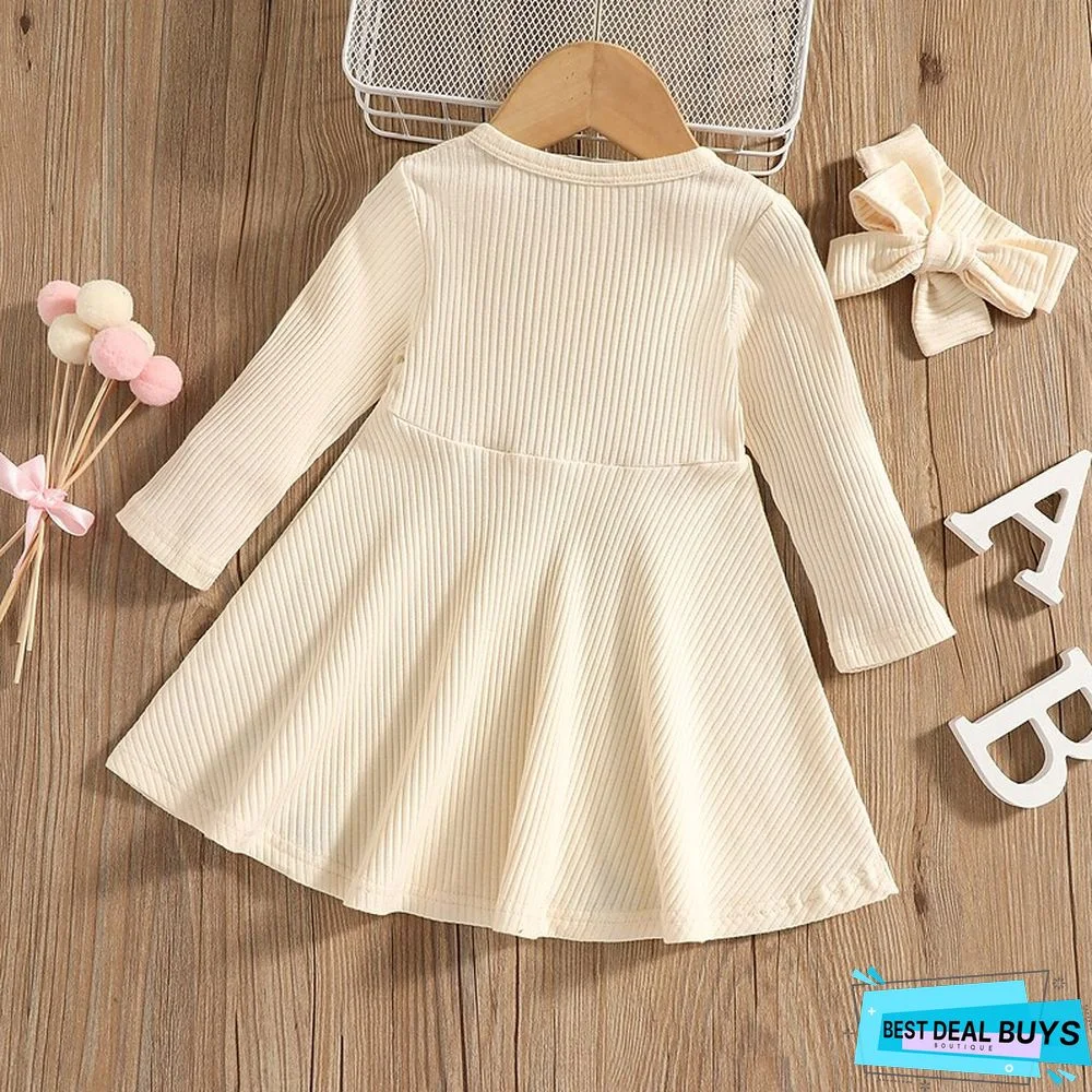 Kids Girls' Dress Solid Colored A Line Dress Above Knee Dress Vacation Cotton Long Sleeve Beautiful Dress 1-5 Years Winter Pink Brown White