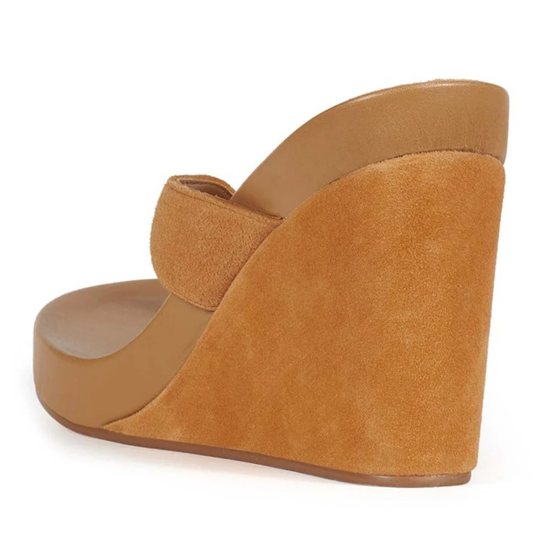 Simple Vegan Suede Flip Flop Wedge Heel Summer Sandals in Tan