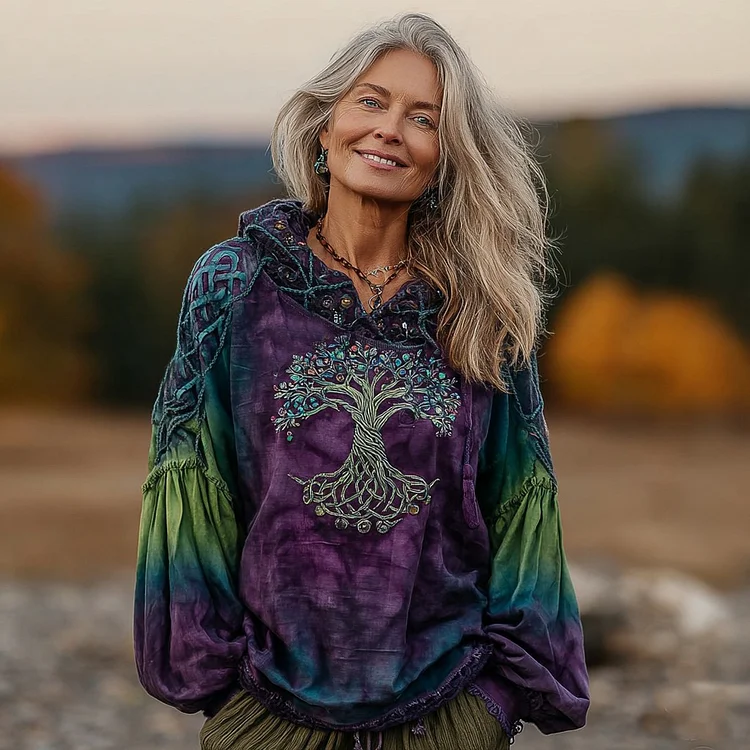 Women's Classic Viking Tree Of Life With Floral Art Gradient Comfort Hoodie