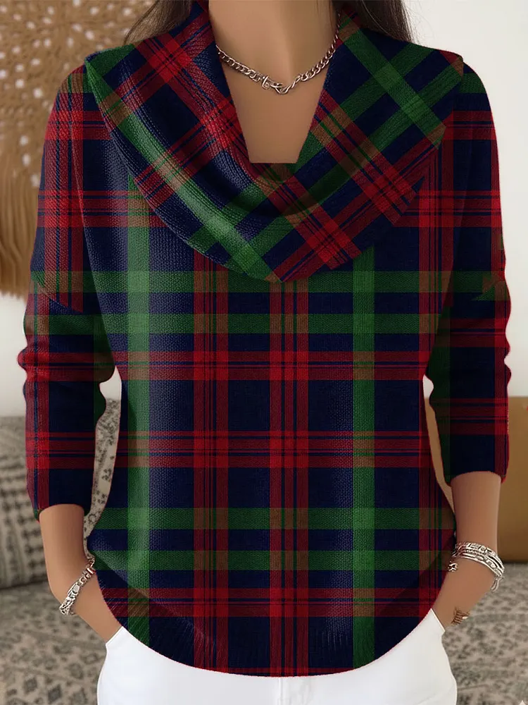 Women's Vintage Christmas Plaid Art Print Cowl Neck Sweater