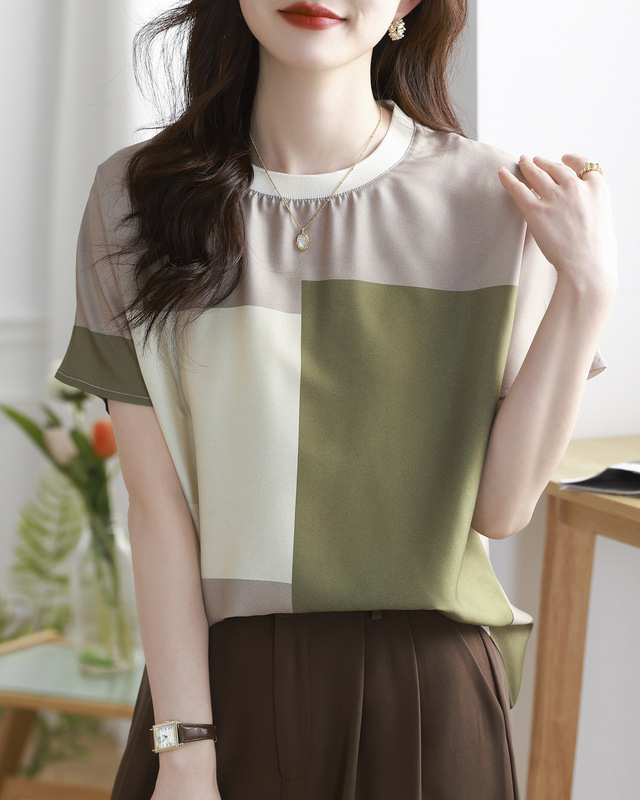 Colorblock Short Sleeve Round Neck Top