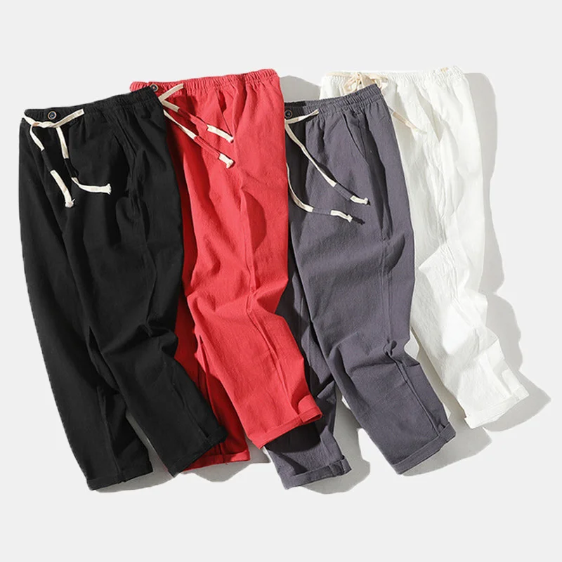 Men's Linen Pleated Casual Cropped Trousers