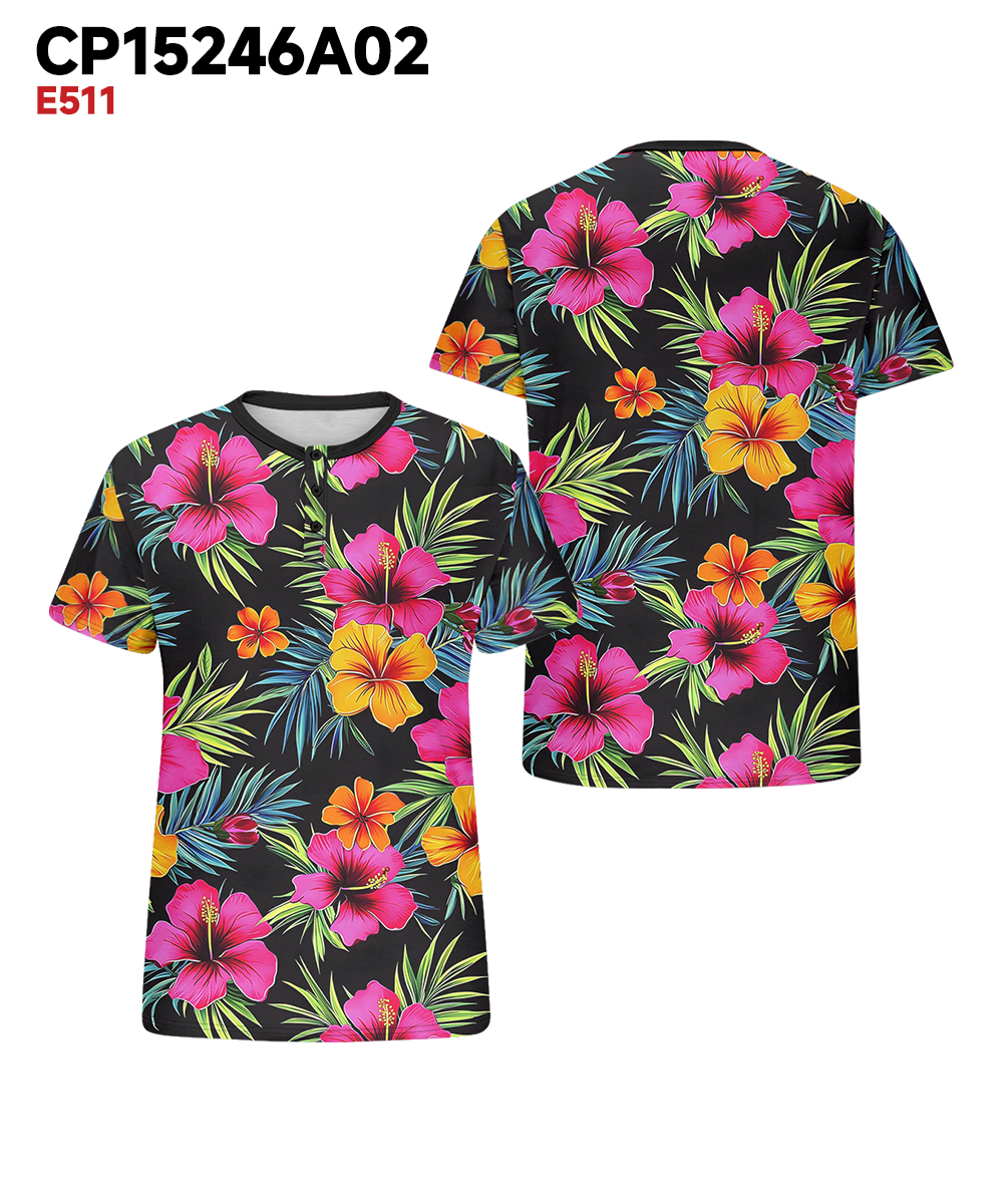 Men's Plus Size Hawaiian Pink Floral Print Henry Collar Button Short Sleeve Tee