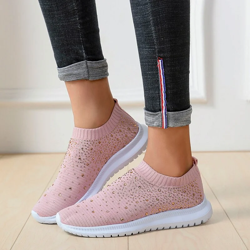 Woman Sock Sneakers crystal 2021 Knitted Flat Shoes summer women's  Loafers  Ladies Casual Vulcanized Shoes slip on mesh sport s