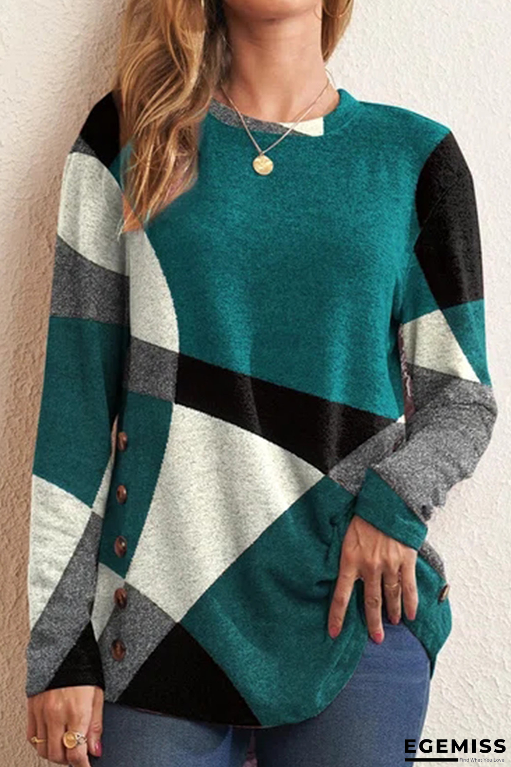 Green Casual Print Patchwork O Neck Tops | EGEMISS