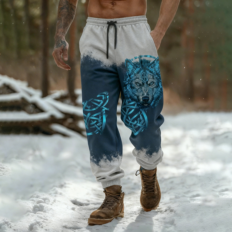 Retro Viking Wolf Head Art Pattern Comfortable Sweatpants elevenforest