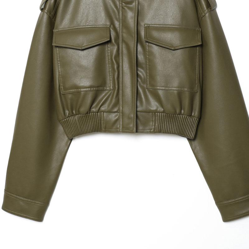 Women's Olive Green Faux Leather Bomber Moto Jacket with Stand Collar and Flap Pockets, Casual Short Layered Streetwear Outerwear Women's Olive Green Faux Leather Bomber Moto Jacket with Stand Collar and Flap Pockets, Casual Short Layered Streetwear Outerwear