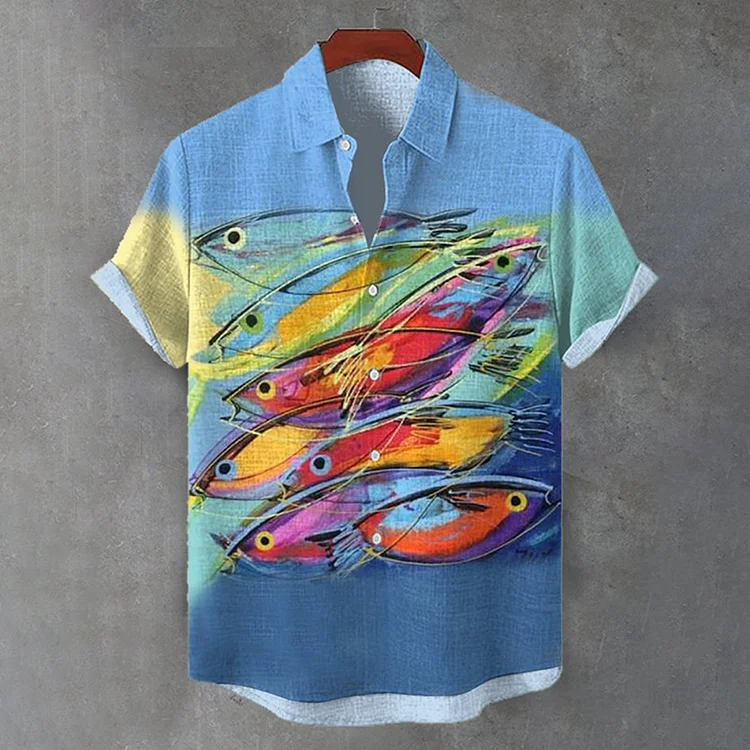 Men's Colorful Abstract Sardines Contrast Color Art Print Shirt