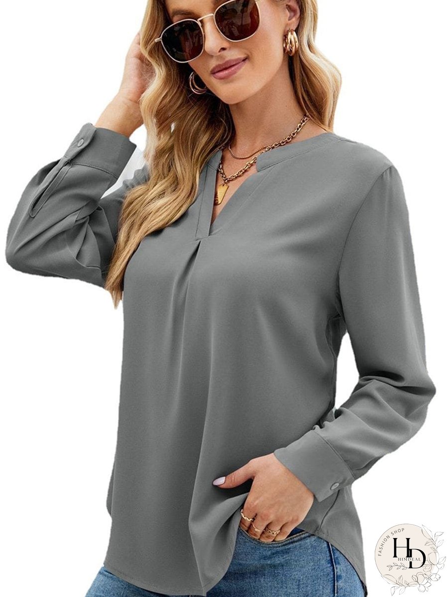 Solid Color Chiffon Loose V-Neck Long Sleeve T-Shirt