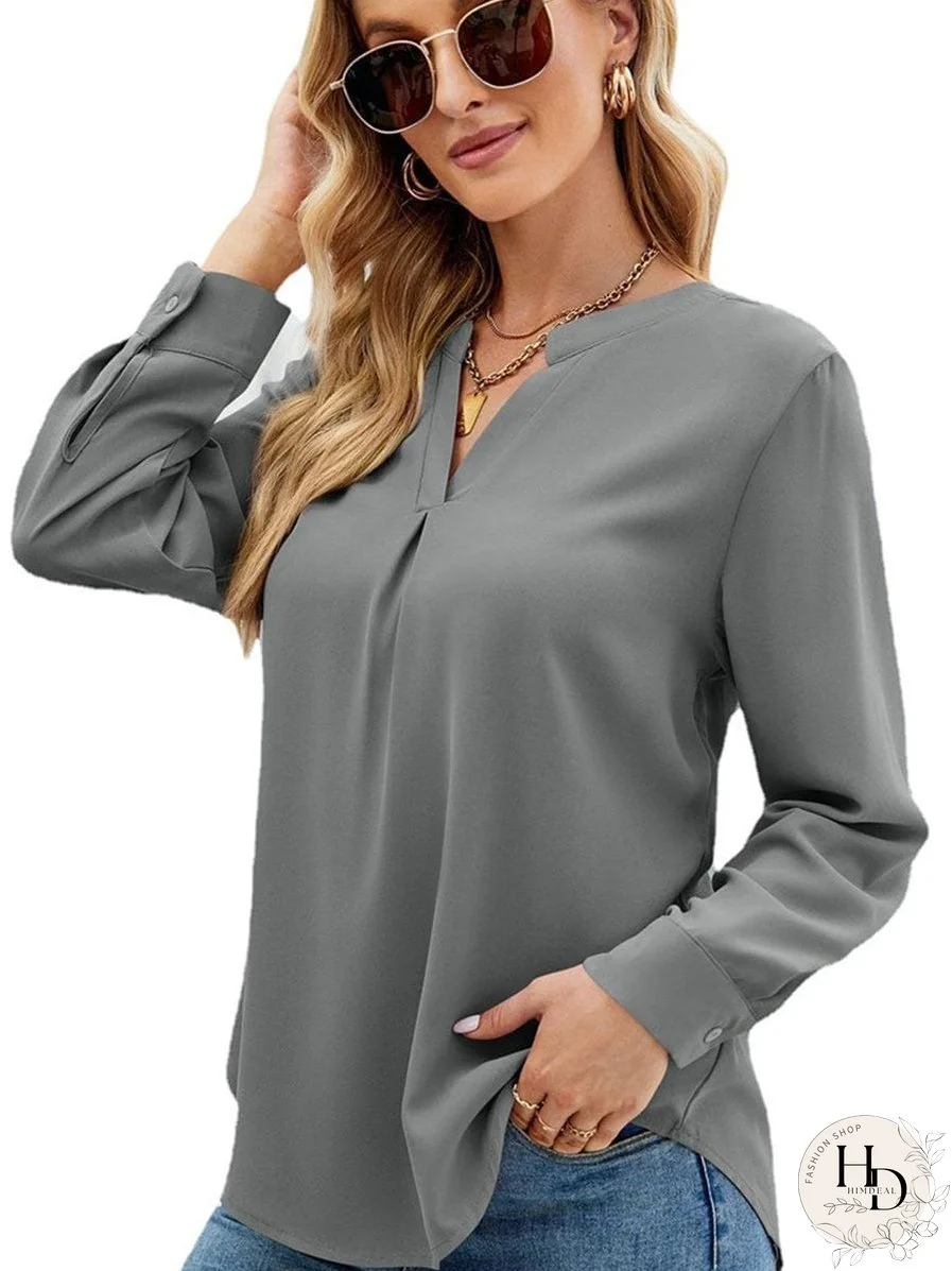 Solid Color Chiffon Loose V-Neck Long Sleeve T-Shirt