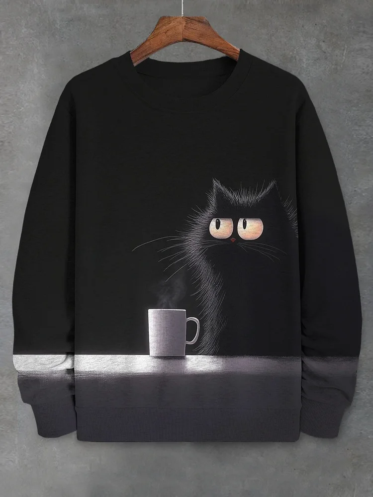 Men's Furry Black Cat Holding Coffee Print Casual Long Sleeve Sweatshirt