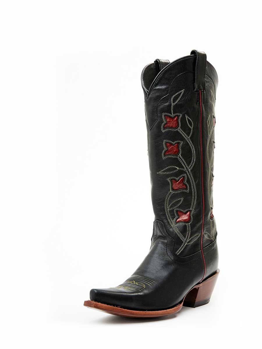 Black Snip Toe Red Floral Inlay Wide-Calf Knee High Cowgirl Boots