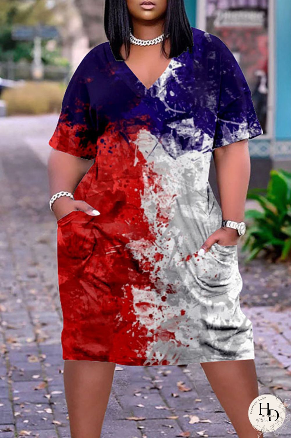 White Blue Red Casual Print Patchwork V Neck Dresses