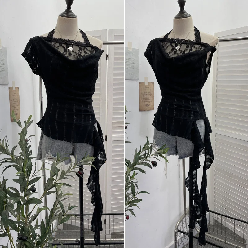 Nigikala Nigikala Shooting Lace Splicing Collar Hanging Neck-Sleet T-Shirt Woman Xia Repair Short Irregular Drifting Clothes 9580