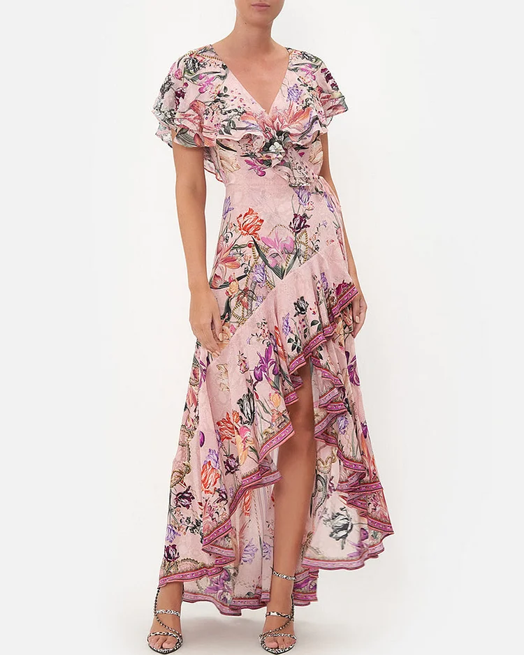 FRILL SLEEVE SILK LONG DRESS