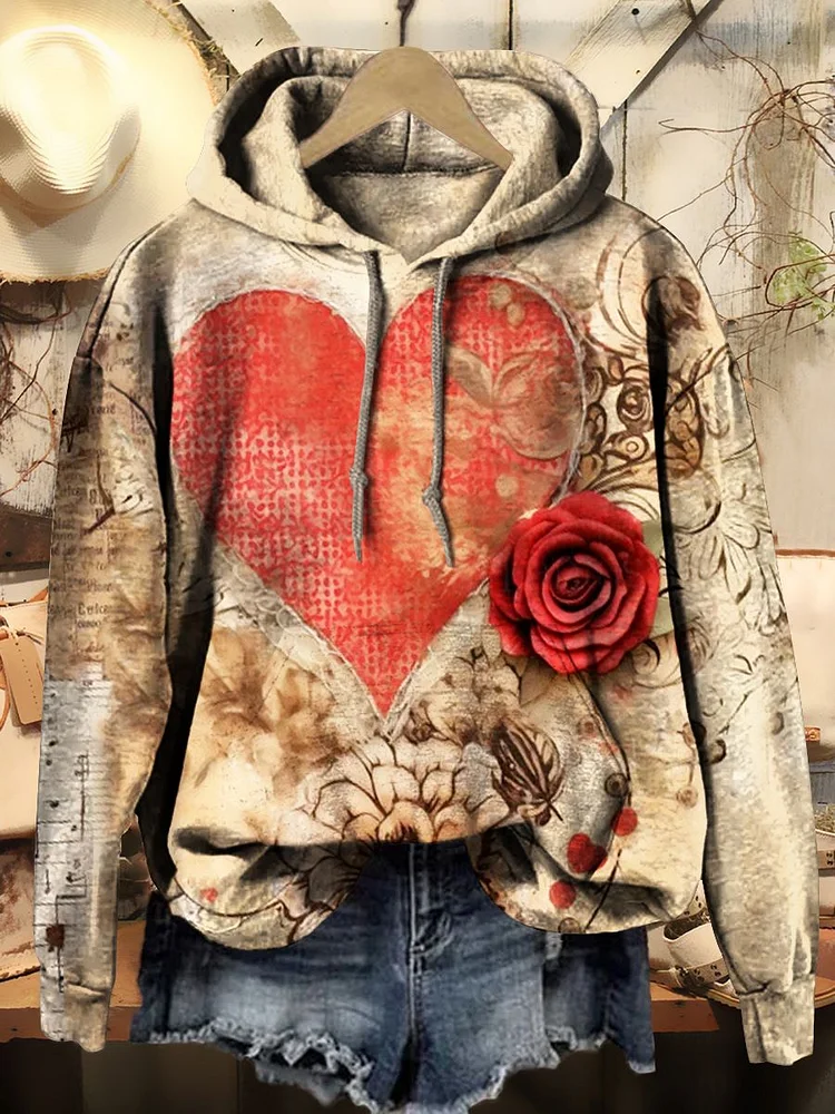 Women's Vintage Heart Flower Art Print Casual Hooded Sweatshirt