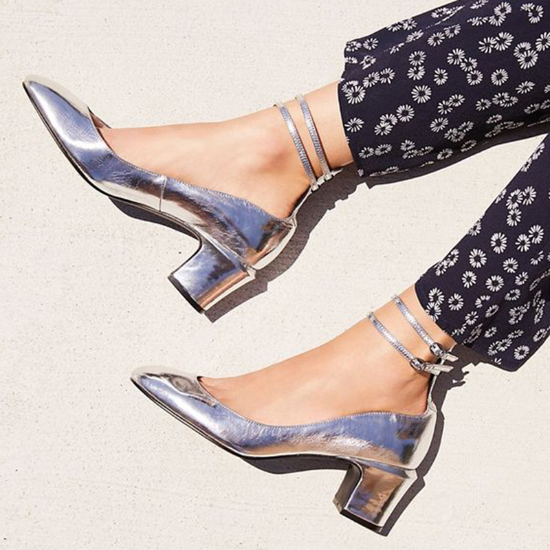 GOOSHOE Silver Buckle Ankle Strap Block Heel Pumps 's Office