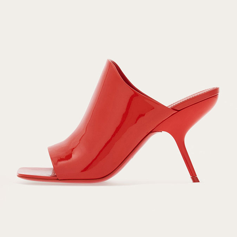 GOOSHOE Strange High Heels Women Open Square Toe Shoes Bright Patent Colors Custom Sandals Mules