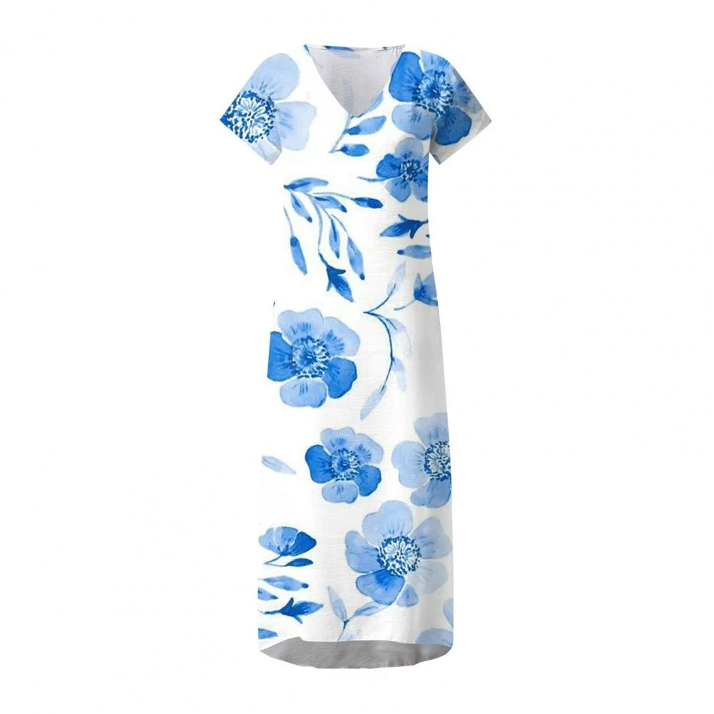Spring V Neck Dresses Casual Women Short Sleeve Cotton Linen Loose Long Maxi White Dress Summer Solid A-line Boho Beach Sundress