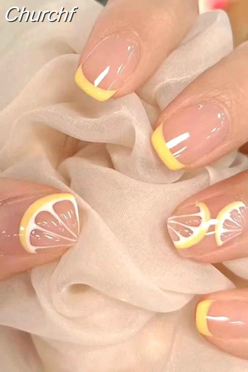 Churchf French White Side False Nails Wearable Rhinestone Desgin Fake Nails Short Simple Nail Full Cover Nail Tips Press On Nails-Nail Inspo