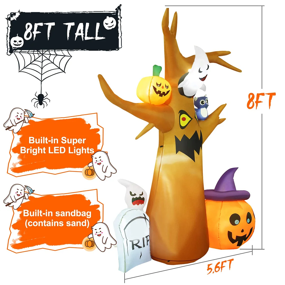 8-foot Halloween inflatable dead tree with ghosts, RIP, pumpkins, owls, with built-in LED lights
