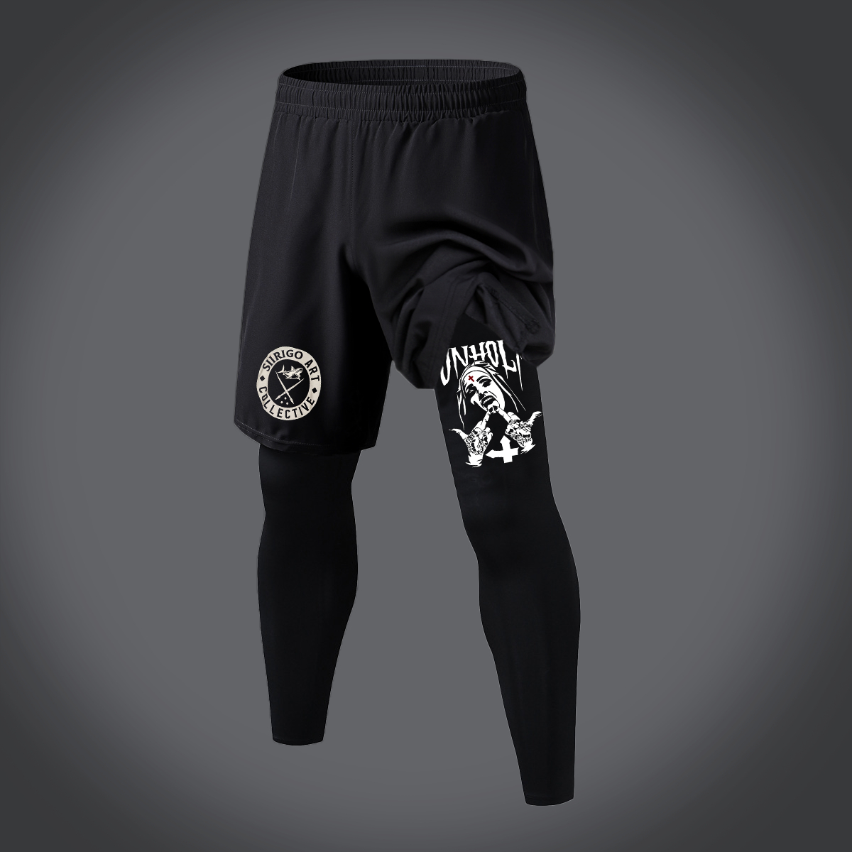 UNHOLY Nun with Crucifix on Forehead Graphic Print 2 in 1 Gym Workout With Leggings