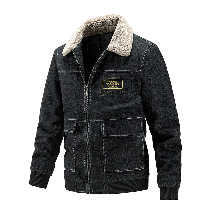 men Motorcycle Denim Jacket Winter Fleece Collar Warm Jacket Plus Cotton Plus Size Denim Cotton Coat Korean Style Clothes
