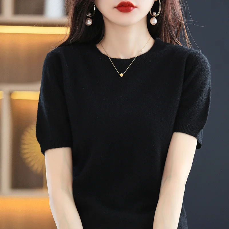 Ueong Ueong Spring Knit Sweater Women's T-Shirt Sweater Women's Short Sleeve V Collar Women Bottom Sweater Woolen Sweater Batch Hair