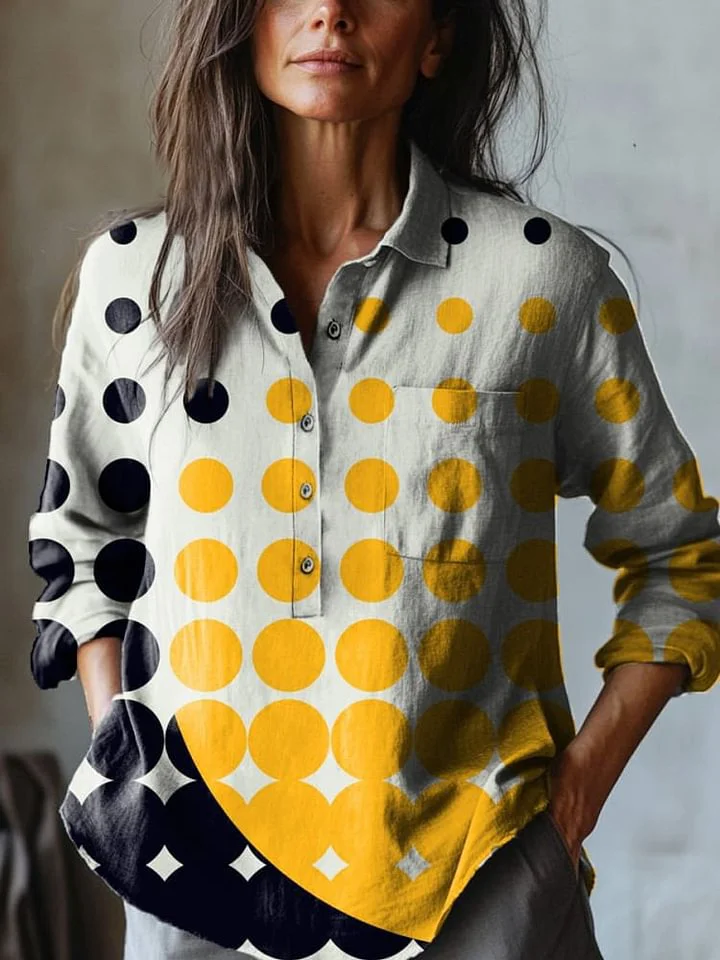 Contemporary Geometric Pattern Printed Women's Casual Cotton And Linen Shirt