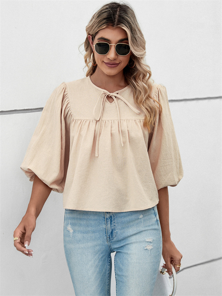 Solid Color Women's Round Neck Bow Loose Type Five-part Sleeve Bubble Sleeve Women's Shirt Sweet Refreshing Wind Blouse