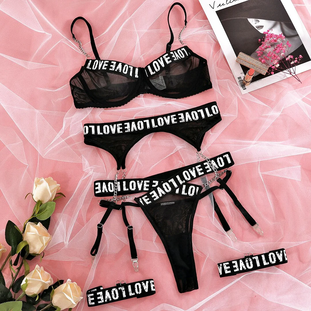 Billionm Letter Lingerie Sexy Underwear 3-Pieces Sensual Transparent Lace Pussy Panties Erotic Set Bra With Chain Exotic Outfits