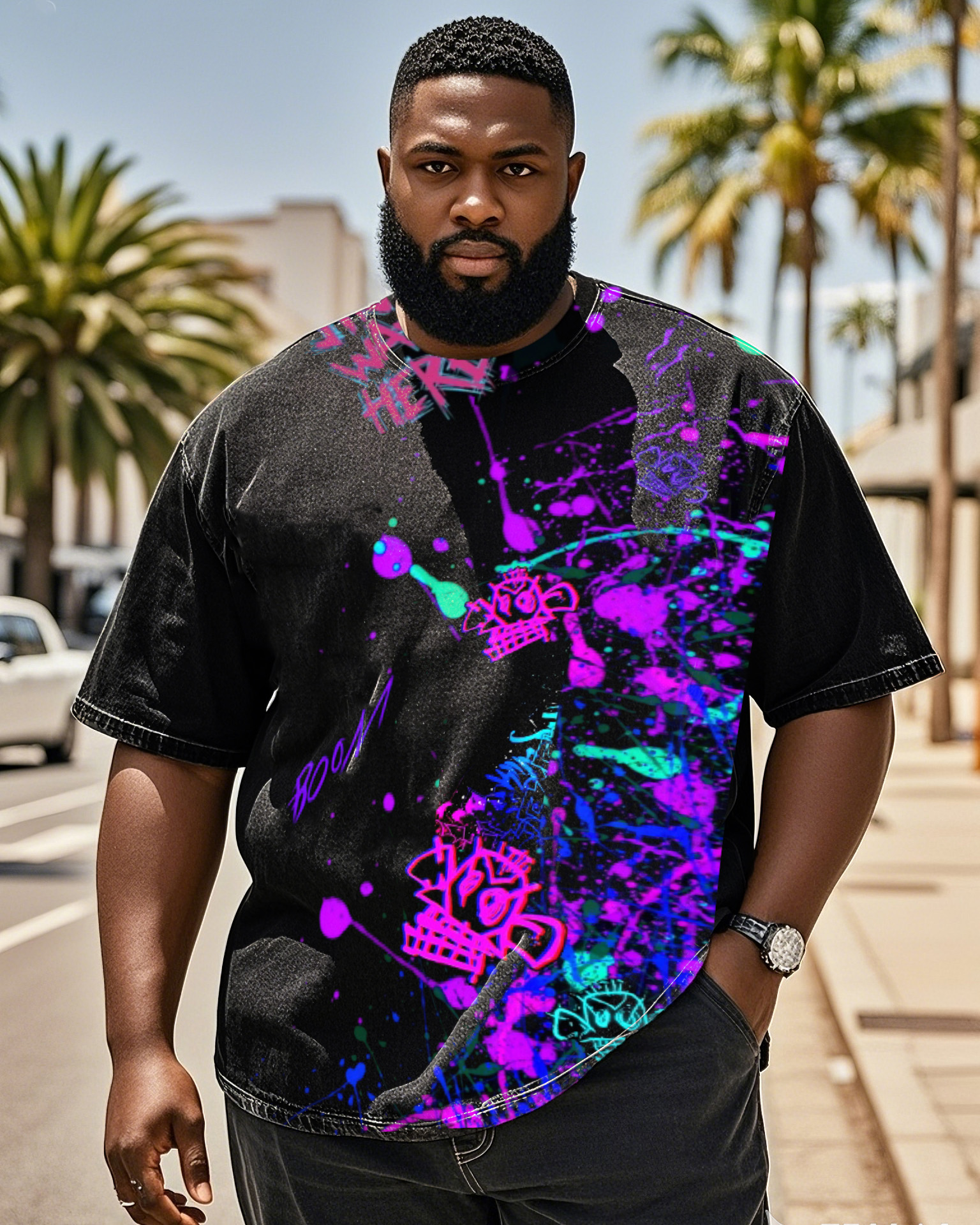 Plus Size Men's Street Fashion Graffiti Creative English Print Denim Short Sleeve T-Shirt