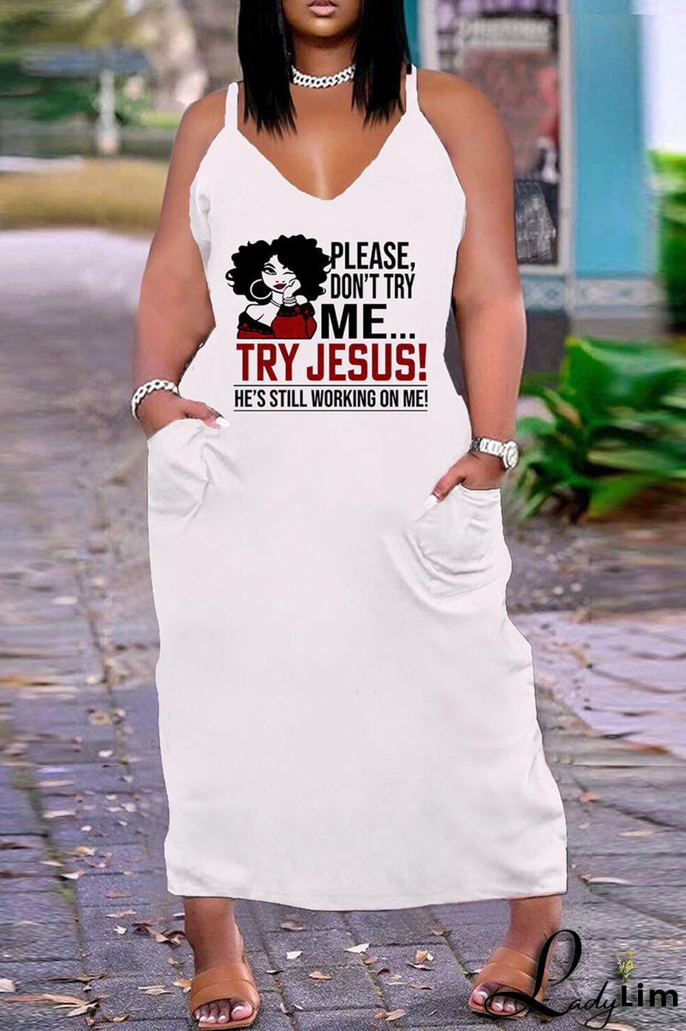 White Orange Sexy Casual Plus Size Print Backless V Neck Sling Dress