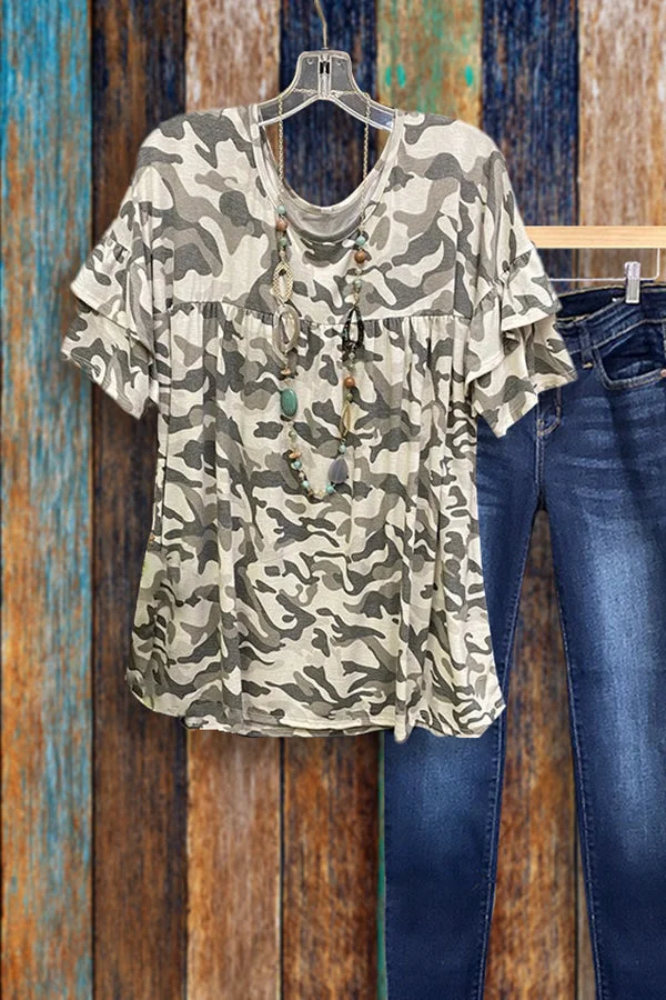 Jewel Neck Ruffle Camo T-shirt