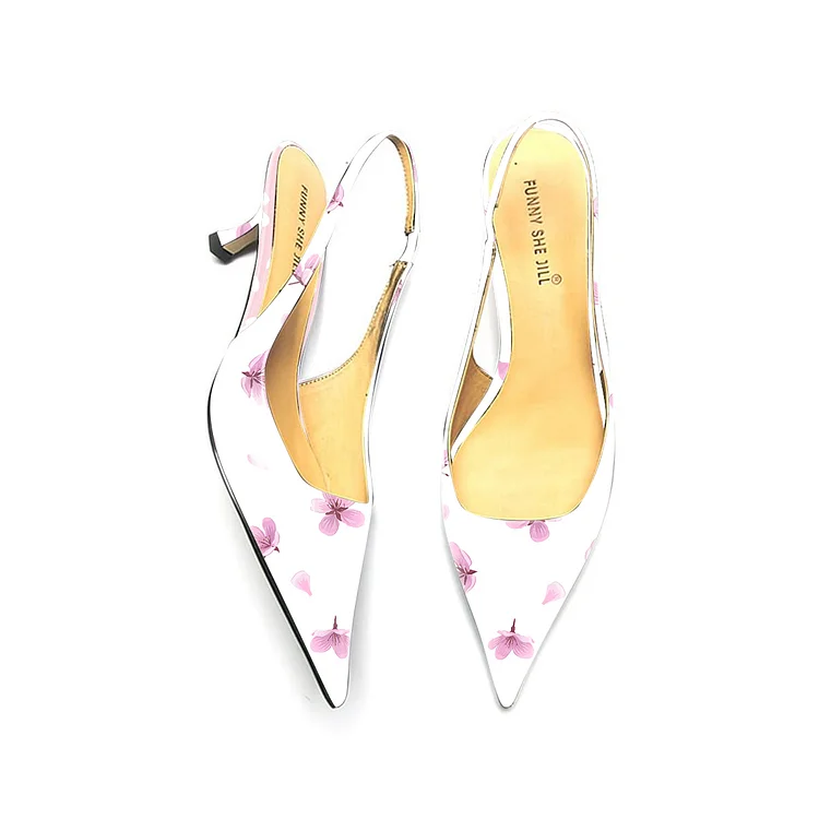 Elegant White Patent Leather Floral Print Kitten Heel Slingback Pumps |FSJ Shoes