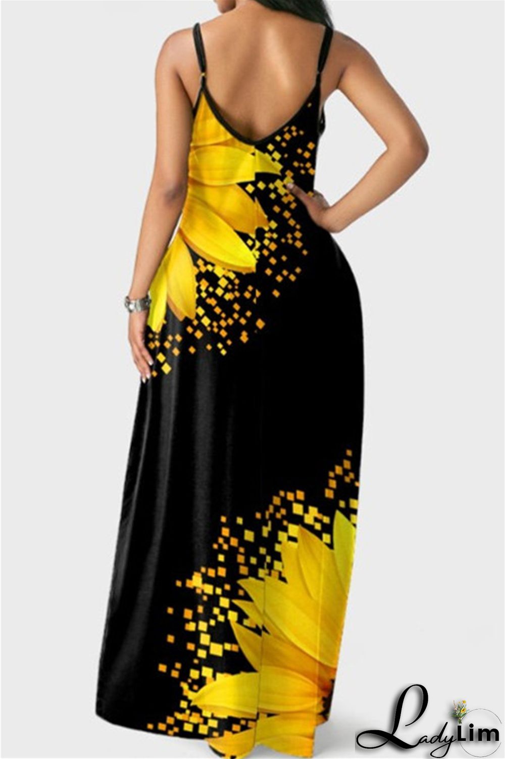 Yellow Fashion Sexy Print Backless Spaghetti Strap Long Dress