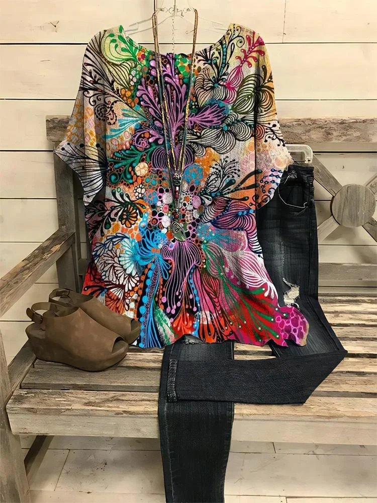 Women's Retro Ethnic Style Colorful Geometric Print Round Neck T-Shirt