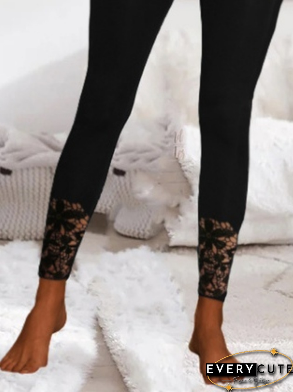 Plain Lace Buttoned Plus Size Casual Leggings