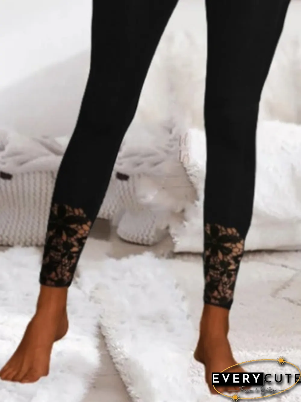 Plain Lace Buttoned Plus Size Casual Leggings