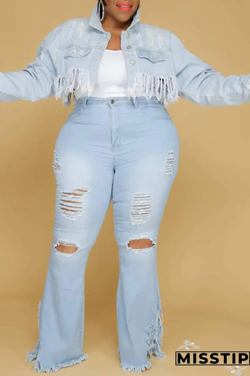 Dark Blue Sexy Solid Ripped Plus Size Jeans