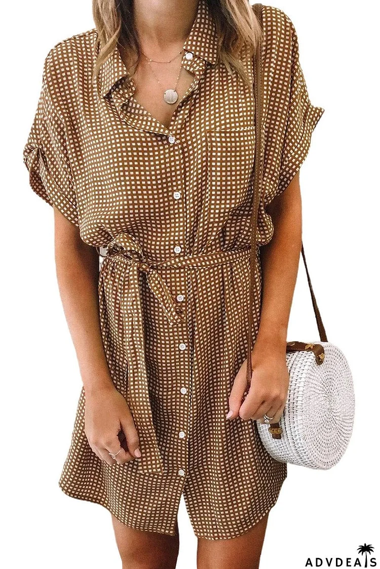 Plaid Pocketed Shirt Mini Dress with Waist Tie