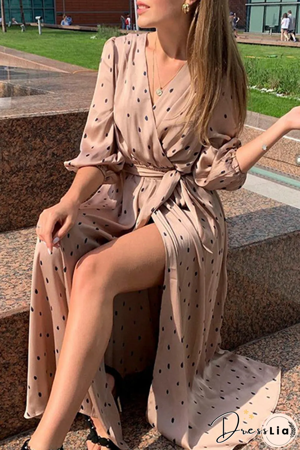 Fashion Elegant Polka Dot Split Joint With Belt V Neck Dresses