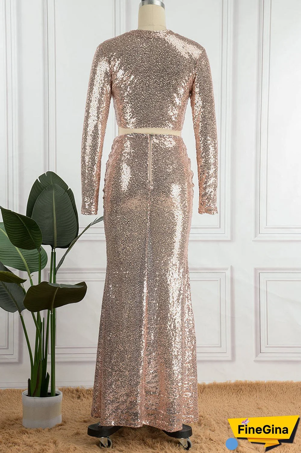 Champagne Sexy Solid Sequins Patchwork O Neck Long Sleeve Two Pieces