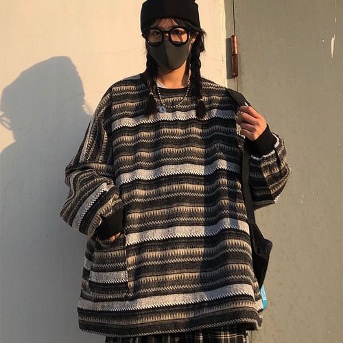 Pullovers Women Oversize Ulzzang BF Unisex Couples Japanese Striped Knit Sweater Hip Hop Female New Winter Fashion Retro Daily - BlackFridayBuys