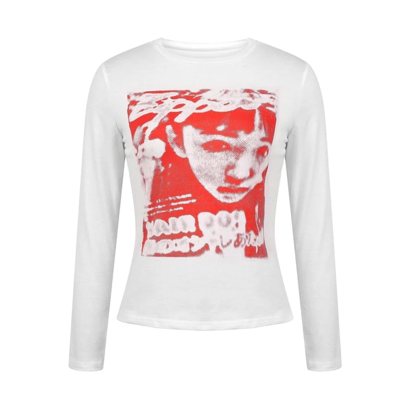 Xingqing Gothic Portrait Print T-shirt Aesthetic Short Sleevle Sweats Tees Harajuku Streetwear White Crop Top Women Clothes