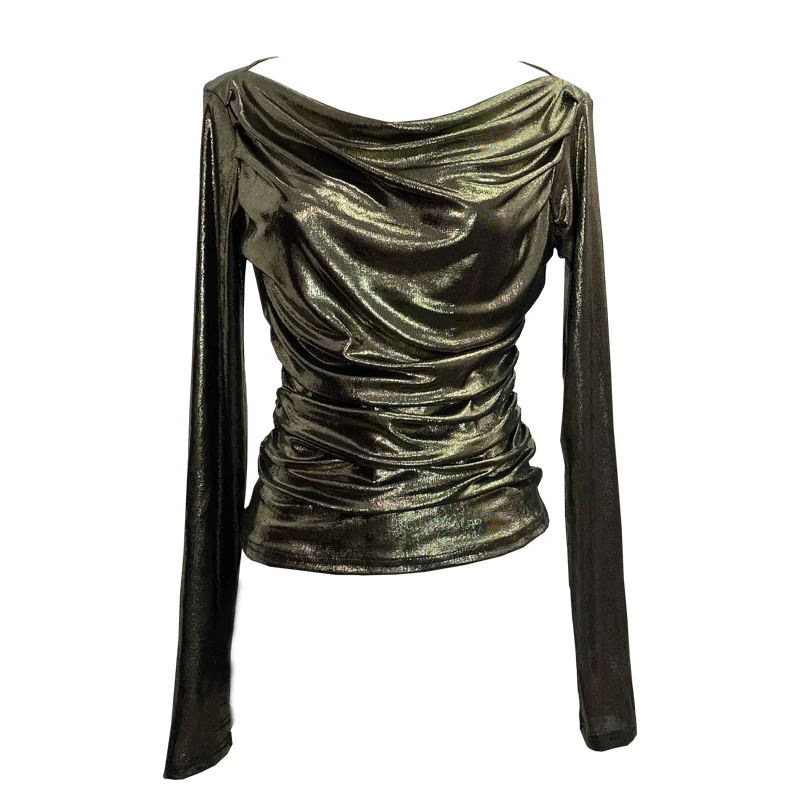 Uveng Real Shooting Stacking Long-Sleeved Pile Folded Shoulder T-Shirt Metal-Sclide T-Shirt 8888