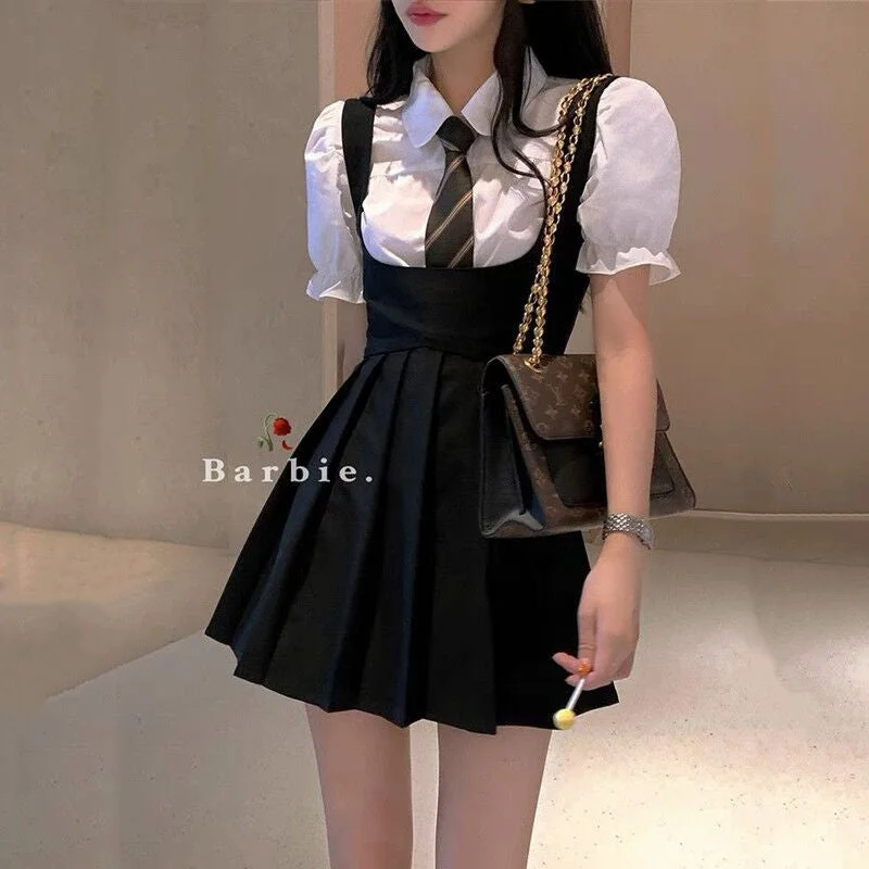 Women Dress Sets Preppy Style Slim High Street Girl Sweet Ins Puff Sleeve Shirts Pleated Dresses Student Harajuku Ulzzang JK Hot