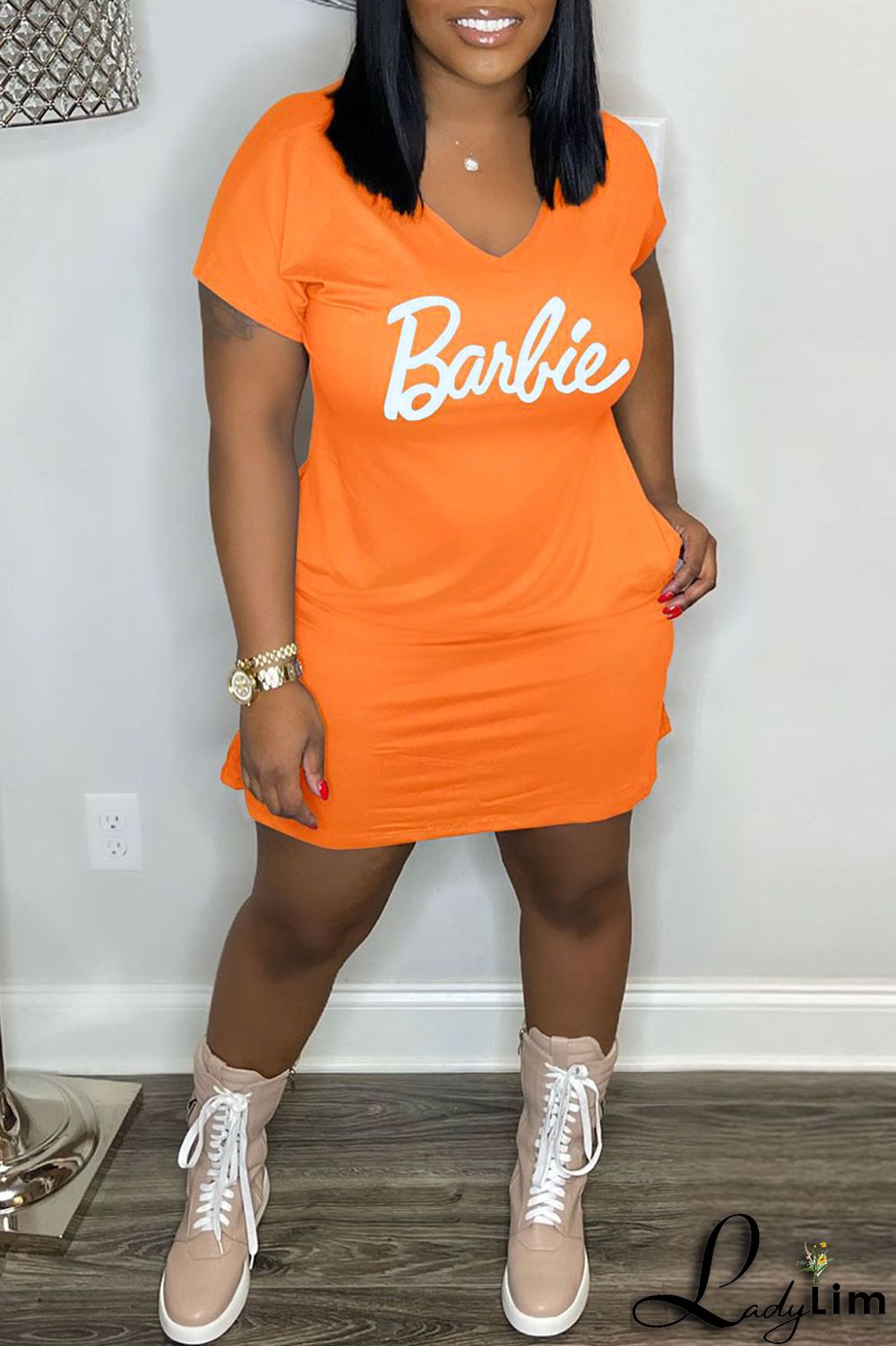 Pink Casual Print Patchwork V Neck Straight Dresses