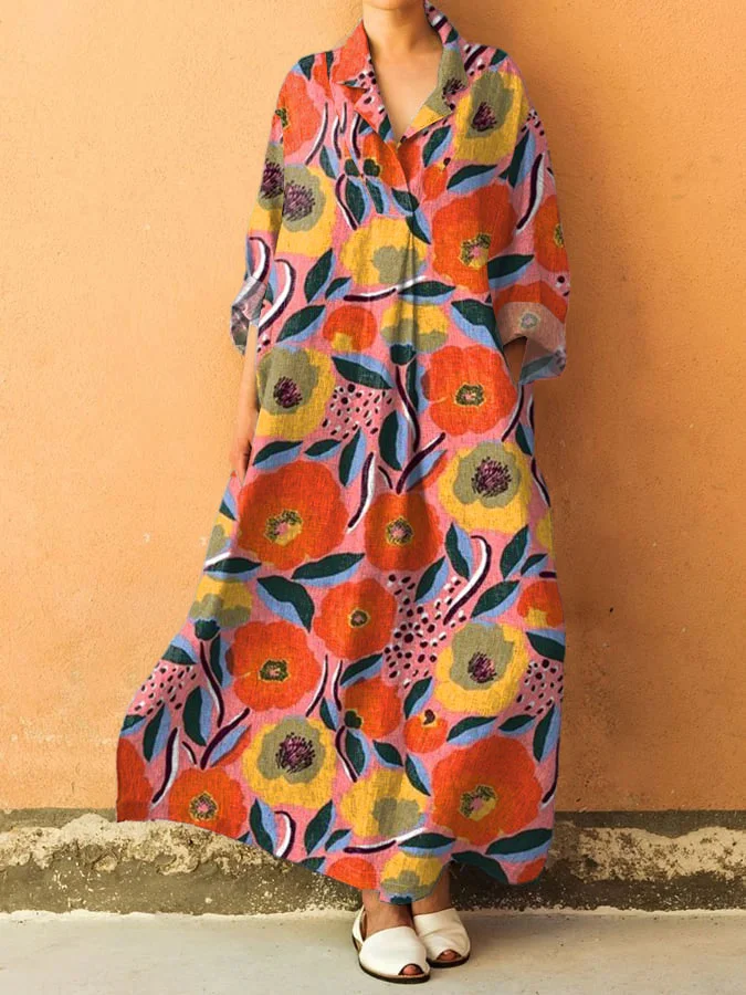 Women's Vintage Floral Art Print V-Neck Pocket Cotton Dress