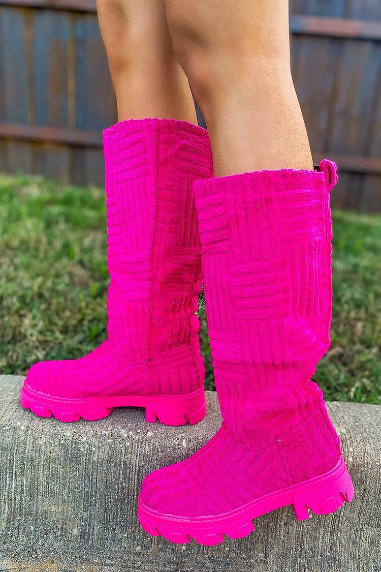 Casual Hot Pink Thick Heel Round Head Medium Boots